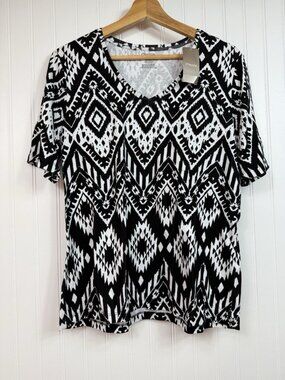 NEW Chicos Cotton Tribal Gemma Ultimate Tee Sz 2 L Black White Short Sleeve NWT